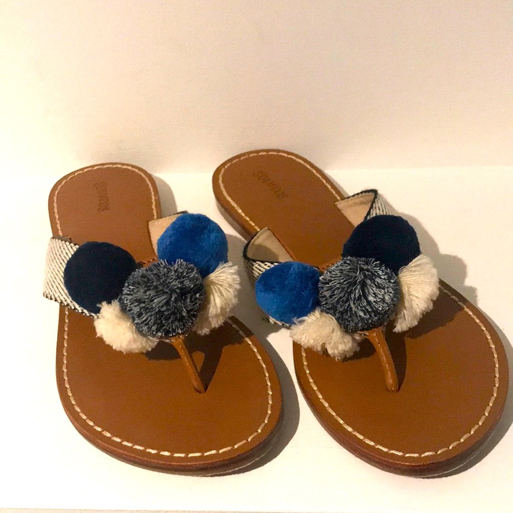 Soludos Leather Sandals with Colourful Blue Pom Poms.